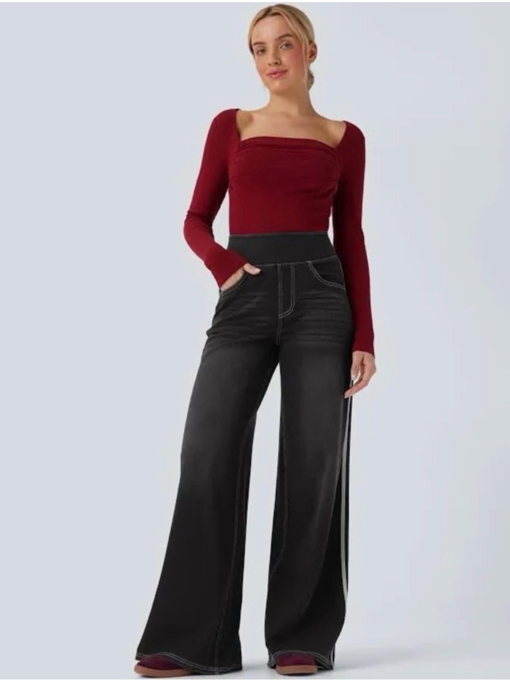 Halara Flex High Waisted Stripe Wide Leg Jeans with Pockets BLACK Medium NEW